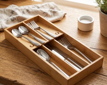 Small Bamboo Kitchen Drawer Organizer, Narrow 4 Compartment Silverware Utensil Tray