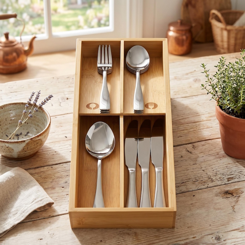 May include: A wooden cutlery organizer with stainless steel silverware. The organizer has four compartments, each holding a different type of utensil: a fork, a spoon, and knives. The organizer is made of light-colored wood and sits on a wooden table.