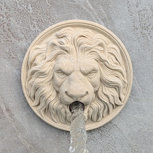 May include: A beige, circular lion's head fountain spout. The lion's face is sculpted with detailed fur and an open mouth, from which water flows. The fountain is mounted on a textured, gray surface.