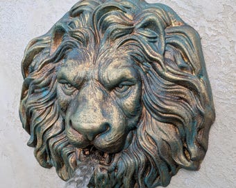 Cabeza de león, surtidor de agua de bronce oxidado de 12 pulgadas para piscina, emisor de fuente de pared, chorro de agua, fuente exterior.