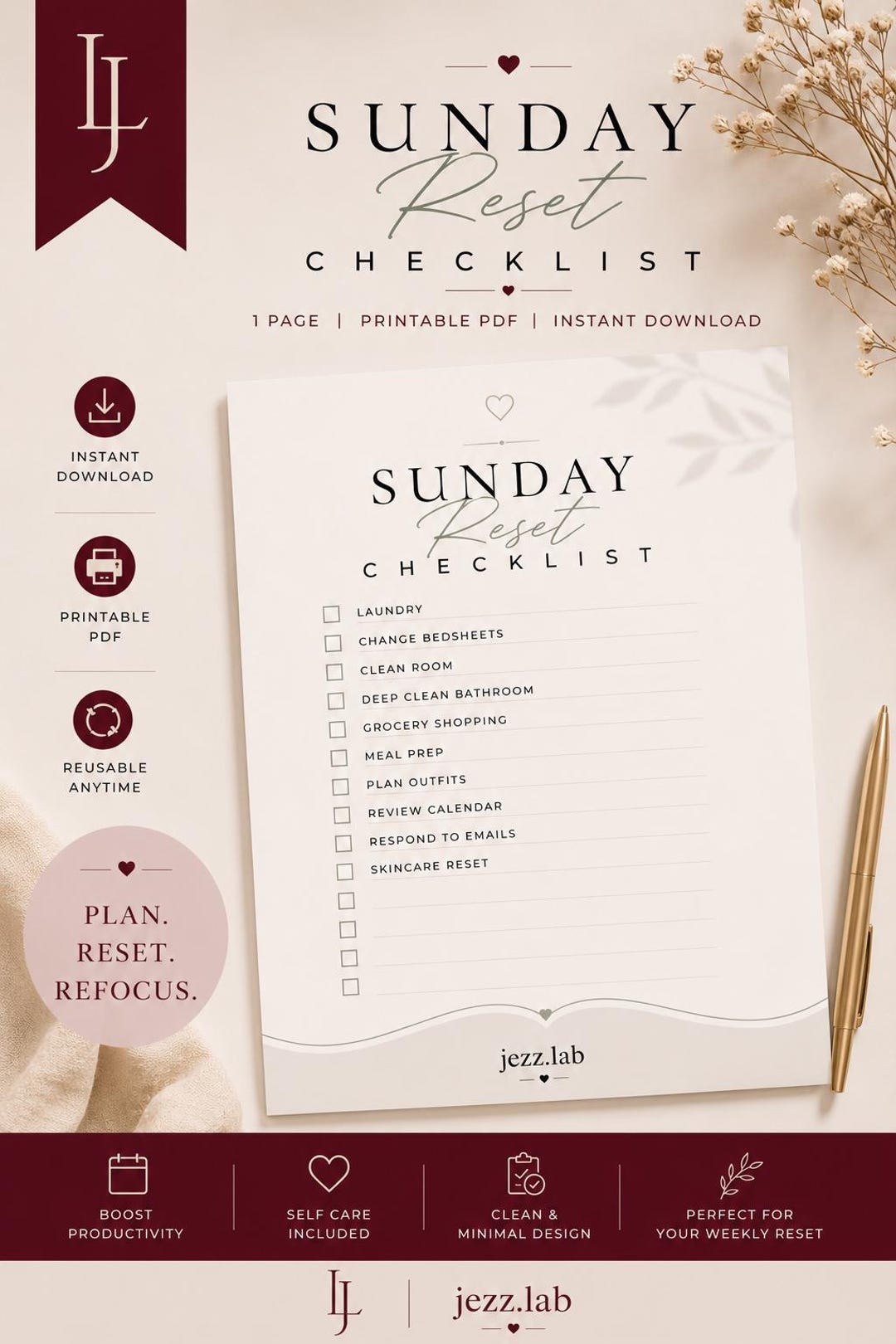 Sunday Reset Checklist.pdf Sunday Reset Checklist Printable | Weekly Reset Planner | Self Care ...