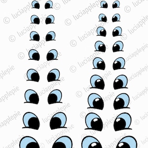 Puede incluir: Una colección de pares de ojos de dibujos animados dispuestos en dos columnas verticales. Cada par presenta iris de color azul claro con pupilas negras grandes y contornos negros, variando en tamaño de pequeño a grande.