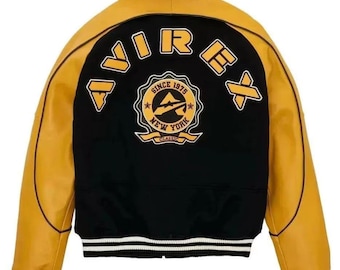 Avirex klassisk bomberjacka i läder och ull, herr i äkta koläder
