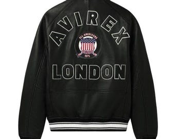 Avirex London Leather Jacket, Black Varsity Style Jacket, Oversized Streetwear Coat