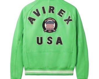 Avirex USA Icon Green Bomber Leather Jacket, Genuine Cowsoft Leather Coat, Streetwear Outerwear Fashion