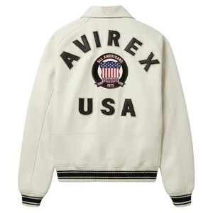 Avirex USA Cream Leather Jacket, White Varsity Bomber Jacket, Oversized Streetwear Coat
