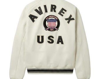 Avirex USA Cream Leather Jacket, White Varsity Bomber Jacket, Oversized Streetwear Coat