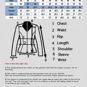 May include: A ladies' size chart with measurements in inches for chest, waist, hips, length, shoulder, sleeve, and wrist. A diagram illustrates how to measure a jacket for accurate sizing. Includes XS to 6XL sizes.