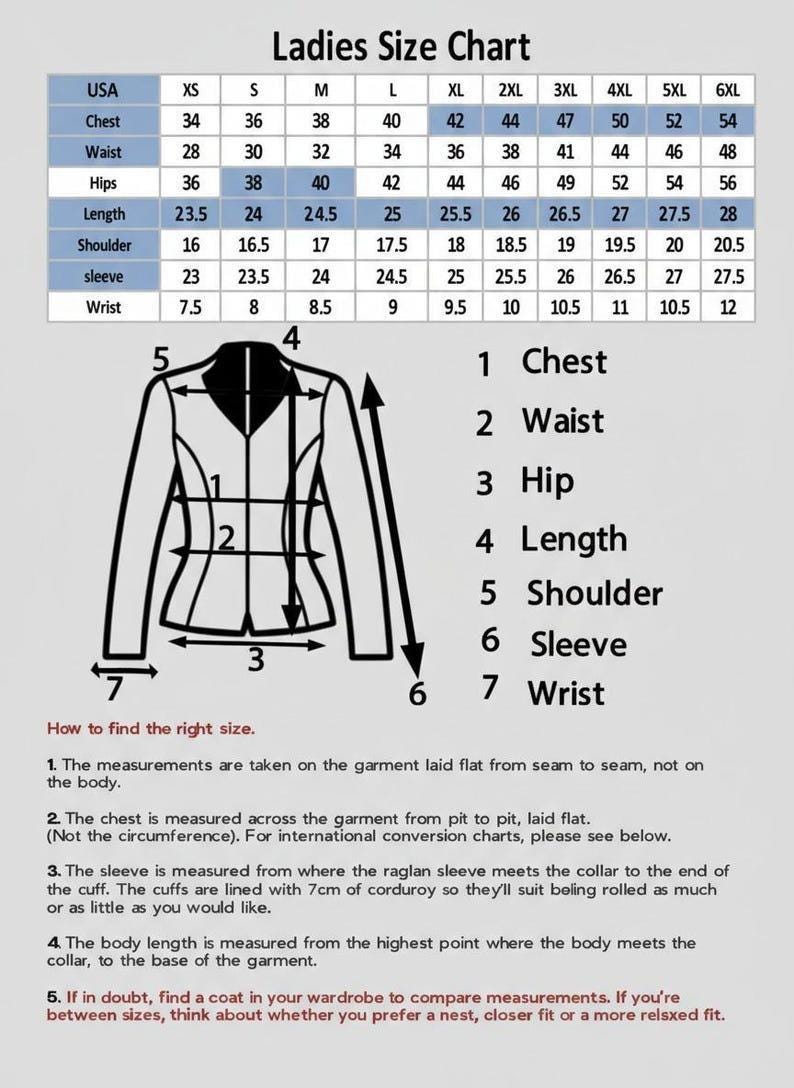 May include: A ladies' size chart with measurements in inches for chest, waist, hips, length, shoulder, sleeve, and wrist. A diagram illustrates how to measure a jacket for accurate sizing. Includes XS to 6XL sizes.