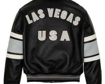 Avirex USA Las Vegas Varsity-jacka, äkta bomberjacka i svart läder, urban stil