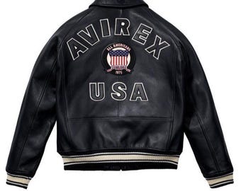 Leren jack Avirex USA, echt zwart cowsoft-bomberjack, geborduurd logo streetwear-mode