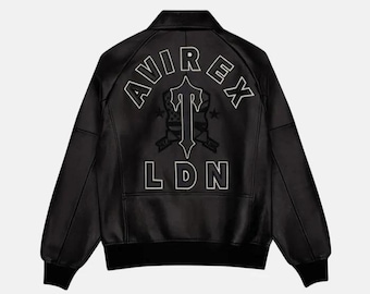 Avirex LDN Leather Jacket, Black Varsity Bomber Jacket, Oversized Streetwear Coat