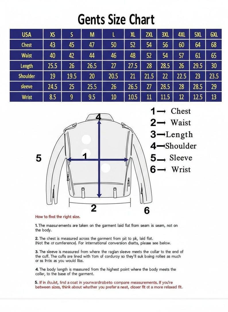 May include: A size chart for men's jackets, with measurements in inches for chest, waist, length, shoulder, sleeve, and wrist. The chart includes sizes from XS to 6XL. An illustration of a jacket shows where to measure.