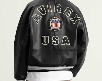 Avirex USA Black Edition Bomber Leather Jacket, Genuine Cowsoft Leather Coat, American Streetwear Fashion