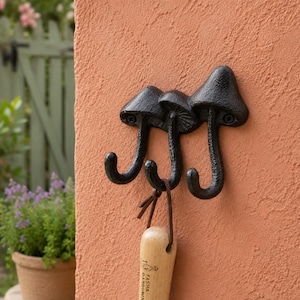 Cast Iron Mushroom Wall Hook, Triple Hook Rack, Rustic Garden Coat Hanger, Black Cottagecore Towel Holder Decor