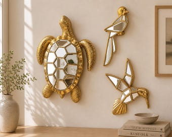 Gouden dierenwandspiegel, schildpad vogel kolibrie spiegelset, decoratieve wandspiegel, kustmuurdecor, modern gouden accent