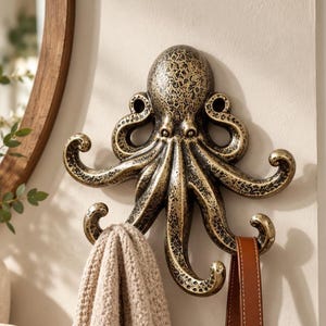 May include: A wall-mounted octopus hook featuring a distressed bronze and black finish. The octopus has eight curved tentacles that serve as individual hooks, with a textured surface and a realistic head shape, holding a beige towel and a brown strap.