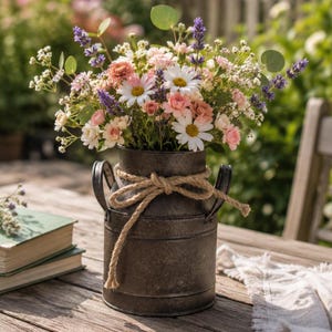 Op de afbeelding: Een rustieke metalen melkkan vaas gevuld met een boeket verse bloemen. Het arrangement bevat madeliefjes, rozen en lavendel, vastgebonden met een natuurlijke touwstrik. De vaas staat op een houten tafel.