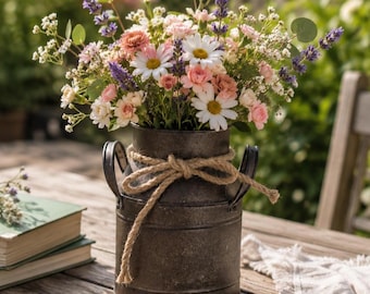 Rustieke metalen vaasmand, boerderijbloempot, vintage melkkanplanter, tafelstuk, decor van cottage keuken, decor cadeau voor bloemenliefhebbers