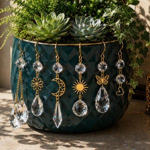 May include: A teal ceramic planter with succulents and hanging crystal earrings. The earrings have gold-toned charms in shapes like a moon, sun, butterfly, and heart, with clear crystal accents.