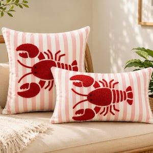 Broderat kuddfodral med hummer, kuddefodral med kustmotiv, rosa randigt nautiskt örngott, strandhusdekor, utomhusdekor