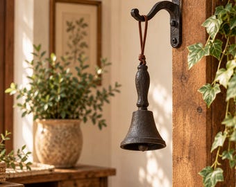 May include: A dark, textured cast iron bell with a rounded handle, suspended by a thin brown leather strap from a matching black metal wall-mounted hook. The bell features a weathered, matte finish and a simple, functional design.