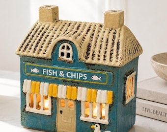 Ceramic Fish and Chips Shop Tealight Holder, Rustic Coastal Village Candle House, Seaside Kitchen Decor, Beach Cottage Ornament Gift