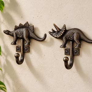Dinosaur Coat Hook, Triceratops or Stegosaurus, Antique Black Cast Iron Wall Hanger, Kids Bedroom Nursery Decor, Jurassic Dino Lover Gift