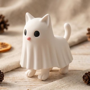 May include: A white cat figurine wearing a ghost costume. The cat has large black eyes, a small pink nose, and a white sheet draped over its body like a ghost. The figurine stands on four white paws with a small tail visible at the back.