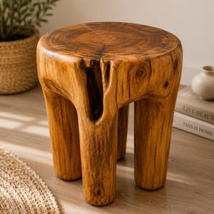 Può includere: Uno sgabello rotondo intagliato da un unico pezzo di legno marrone chiaro, caratterizzato da venature naturali, anelli di crescita visibili sulla superficie superiore e una profonda fessura verticale sul lato, con tre gambe cilindriche.