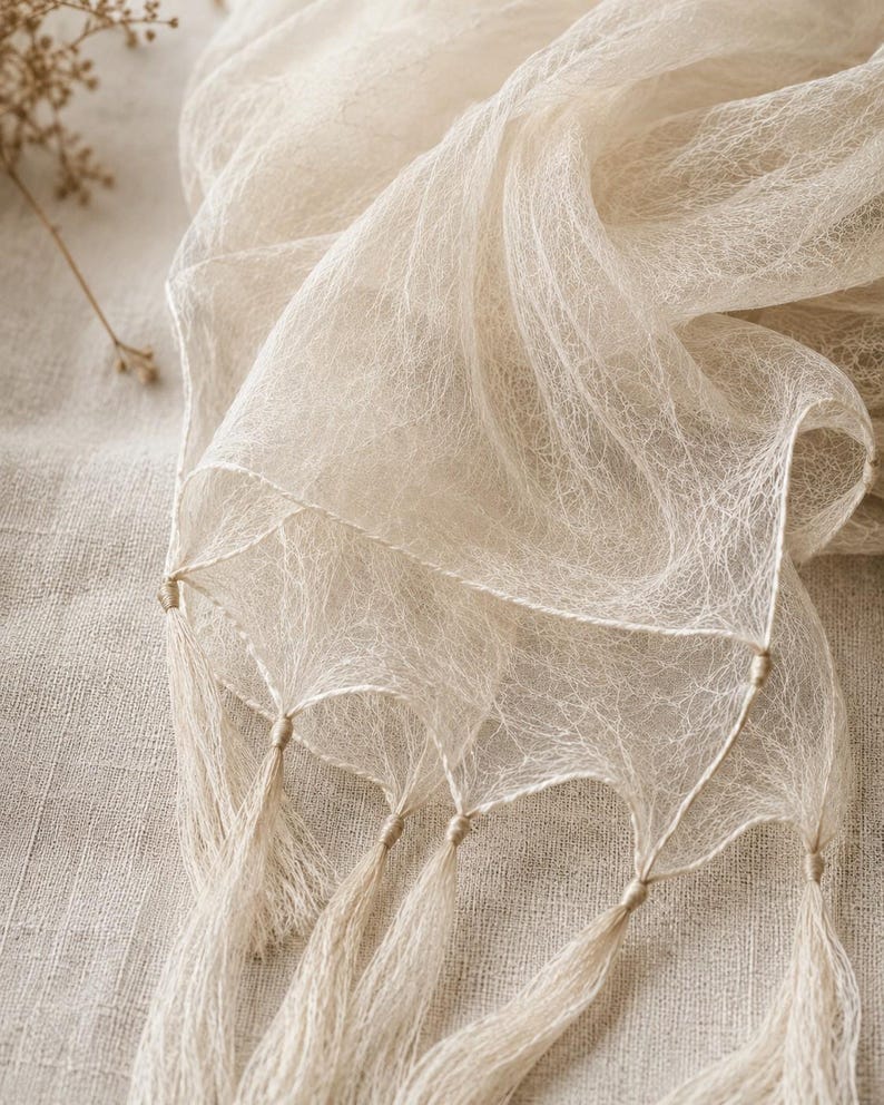 May include: A sheer, off-white scarf featuring a delicate, web-like fibrous texture throughout the fabric. The edges of the scarf are finished with a series of evenly spaced, thin, matching off-white tassels that hang from small, knotted triangular sections.