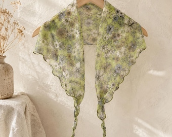 Lenço floral transparente, lenço leve para o pescoço e cabelo, estilo romântico cottagecore (verde ou bege)