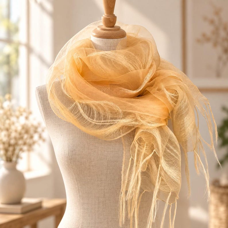 May include: A sheer, golden-yellow scarf with a delicate, translucent texture draped around a mannequin. The scarf features a lightweight, airy weave and long, thin fringe detailing along the edges, creating a soft, layered appearance.