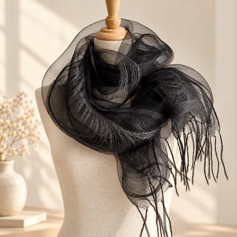 May include: A sheer black scarf with a delicate, translucent texture draped around a mannequin. The scarf features a layered, voluminous design with fine, wispy fringe detailing along the edges, creating a soft and airy appearance.