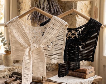 Capa de renda de crochê, casaquinho de verão boho em algodão, xale com ombros vazados