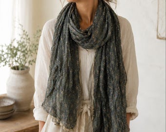 Lenço vintage floral de algodão, xale leve de camada dupla, estilo boho cottagecore.