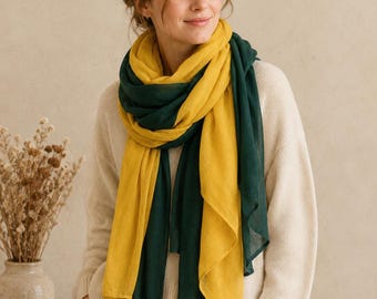 Lenço vintage em blocos de cores amarelo e verde: Xale boho de poliéster macio
