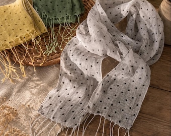 Lenço 100% linho com estampa de bolinhas, faixa de cabelo vintage boho, pingente minimalista para bolsa, xale estilo cottagecore
