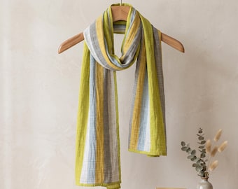 Lenço retrô listrado de algodão, xale de verão amarelo e verde, estilo boho com proteção solar.