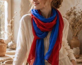 Lenço bicolor vermelho e azul, xale boho leve para o verão, tamanho grande para proteção solar (190 cm)