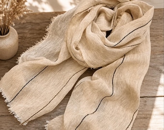 Lenço listrado de linho natural, xale boho com proteção solar, echarpe minimalista de verão (78,7 x 18,5 polegadas)