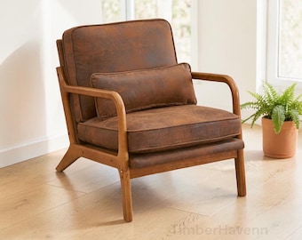 Mid Century Modern Accent Chair, Upholstered Lounge Chair, Solid Wood Frame, Reading Armchair
