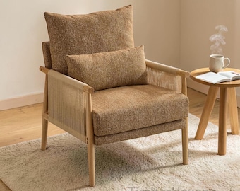 Chenille Accent Chair with Rattan Arms, Modern Upholstered Reading Armchair, Lumbar Pillow