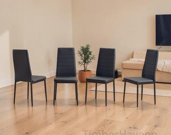 Set of 4 Black PU Leather Dining Chairs, Modern Padded High Back Kitchen Seating