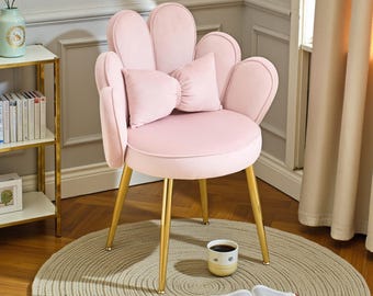 Pink Velvet Flower Back Vanity Chair, Modern Gold Legs Accent Desk Chair