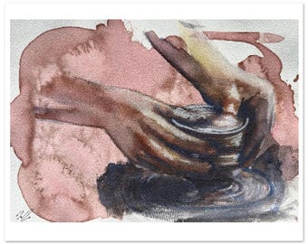 Creados con un propósito – Lámina de arte cristiano para pared / Manos de cerámica en acuarela / Obra de arte de inspiración religiosa