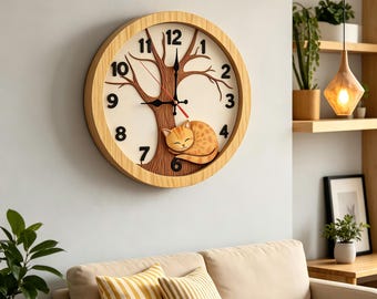 Sleeping Cat Tree Wall Clock Wooden MDF Silent Nursery Cat Lover Decor