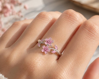 Pink Flower Ring, Dainty Floral Ring, Cherry Blossom Ring, Sterling Silver Ring, Pink Gemstone Ring, Botanical Jewelry, Gift for Her