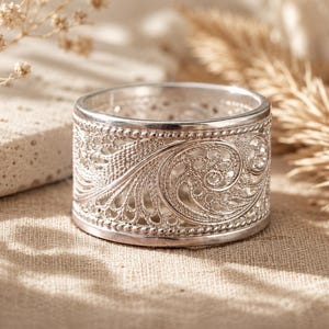Sterling Silber filigrane breite Band Ring, Boho Statement, Vintage Lace Muster, Handwerker Schmuck