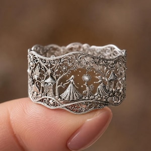 Fantasy Woodland Filigree Ring, Silver Fairy Forest Band, Nature Statement Ring, Elven Cottagecore Jewelry